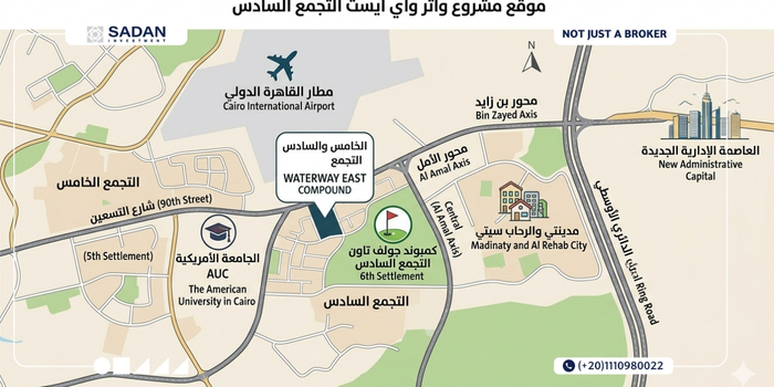 كمبوند ووتر واي إيست التجمع السادس Waterway East New Cairo 2 موقع مشروع وتر واي إيست التجمع السادس